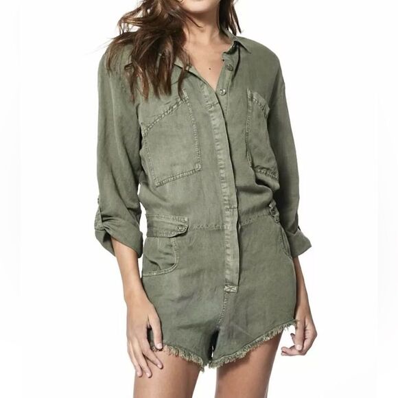 Young Fabulous & Broke Olive Green Linen River Run Raw Hem Romper Small - Picture 1 of 10